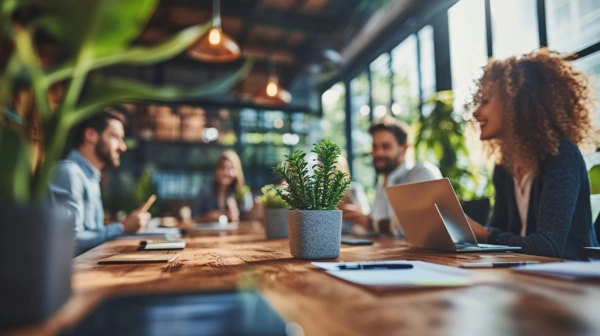 A group of people sit around a wooden table in a modern office filled with natural light and green plants, having a meeting. Laptops, papers, and a potted plant are on the table, creating a collaborative atmosphere.
