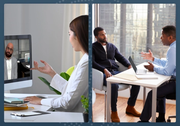 Split image: On the left, a woman has a video call with a man visible on her computer screen. On the right, two men sit across from each other at a desk, engaging in interpersonal skills training with a laptop open.